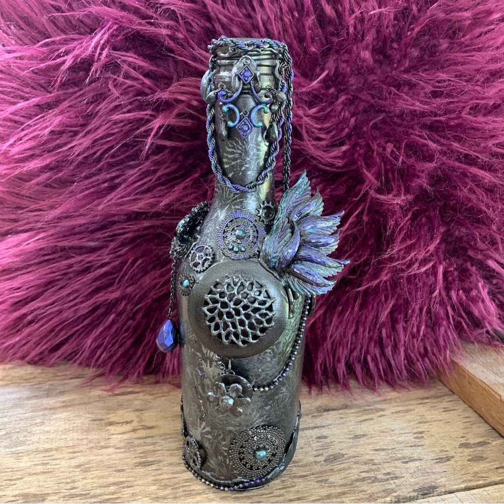 Handmade Steampunk Decor Bottle with Gears – Vintage Cosplay Prop